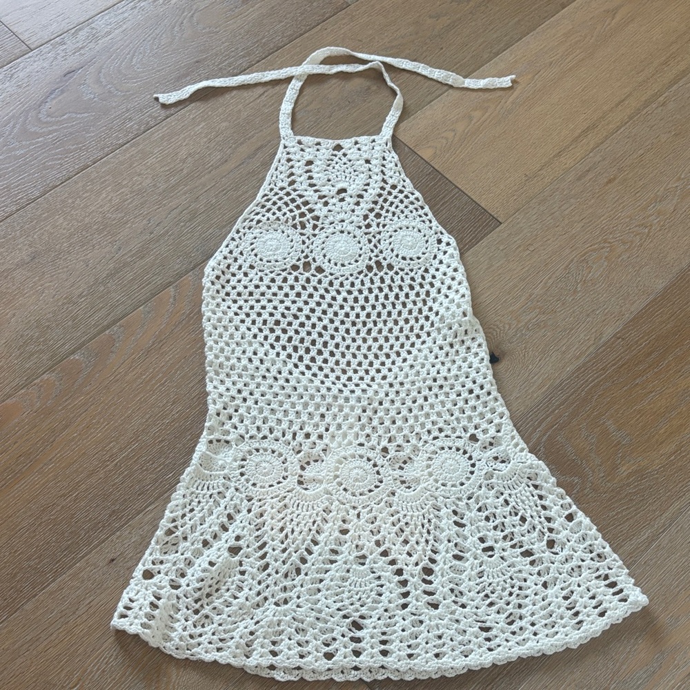 Crochet Backless Halter Dress in Cream